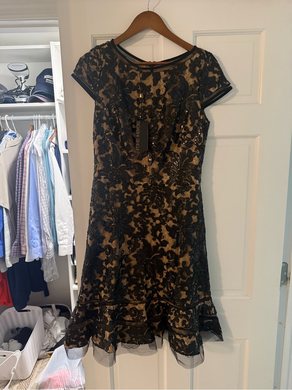 Tadashi Shoji Black Lace Overlay Dress on Nude
